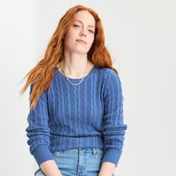 St. John's Bay Women’s Crew Neck Long Sleeve Cable Knit Pullover Sweater, Lt. Bl - Picture 2 of 10